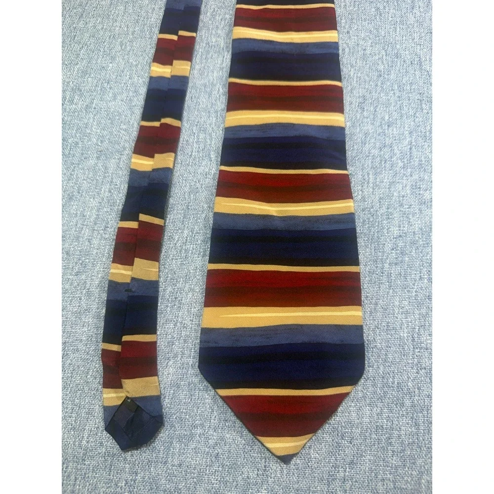 Vintage John Henry 100% Silk Necktie Horizontal Stripe Red Navy Gold